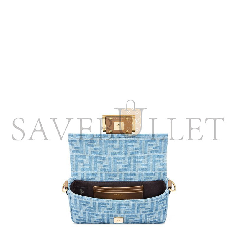 FENDI BAGUETTE MINI BAG LIGHT BLUE FF DENIM HANDBAG 8BS017AS3FF1PLM (19.5*11*5cm)